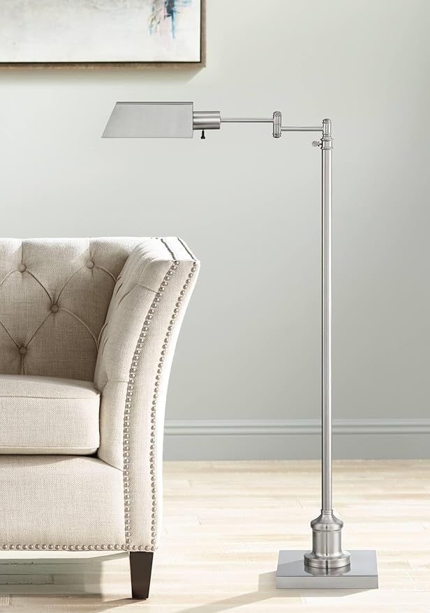 Regency Hill Jenson Traditional Farmhouse Adjustable Pharmacy Light Floor Lamp Swing Arm Standing Base 54" Tall Brushed Nickel Silver Metal for Living Room Reading House Bedroom Home Office