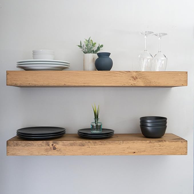 Urbandi Modern Floating Shelves 3 Inches Thick for Wall, Wide Shelves for Kitchen, Living Room, Bedroom, and Bathroom, Natural Pine Wood, Rustic Wooden Shelf, (Set of 2) (Aged Oak, 48Lx3Hx6D)