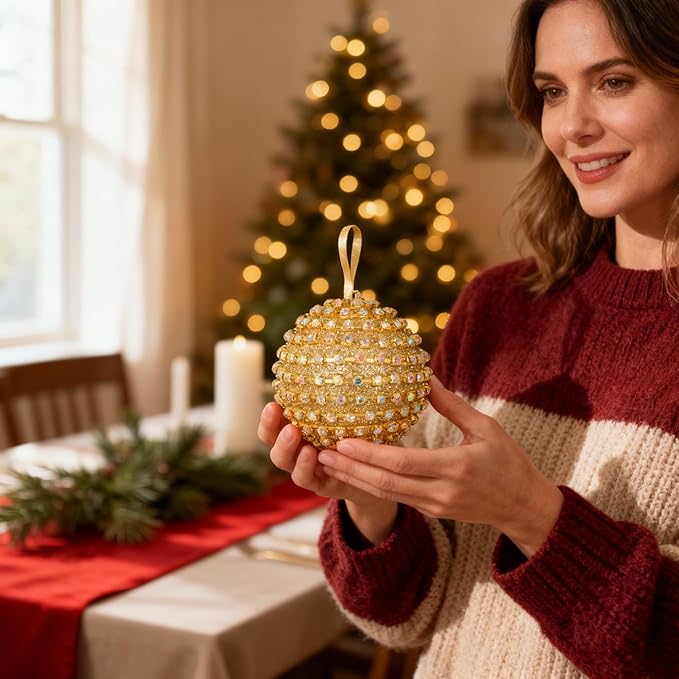 Iridescent Crystal Rhinestone Ball Ornaments, 4 Pack Handcrafted Sparkling Christmas Tree Decorations, Hanging Ornaments for Holiday & Home Décor in Luxury Gift Box