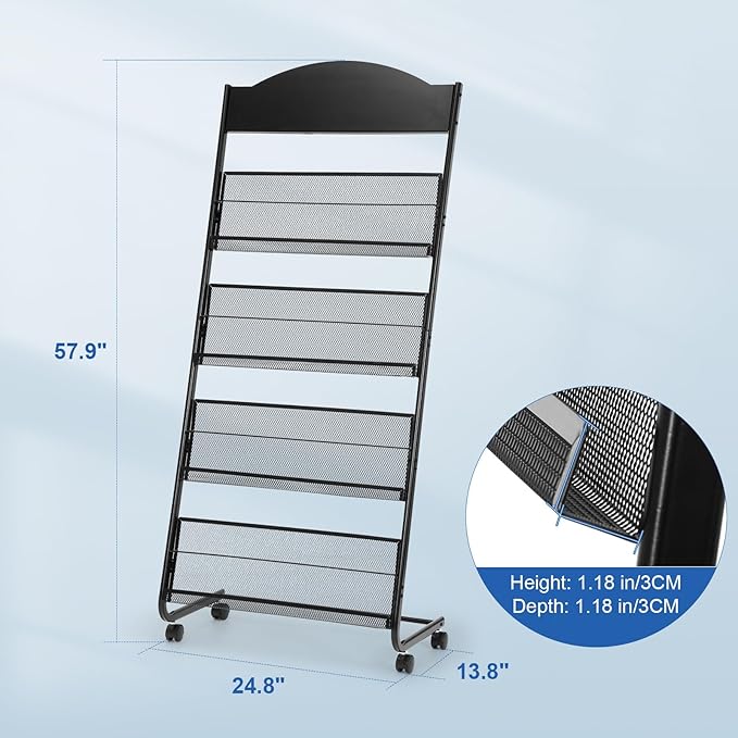 Magazine Rack Floor, Literature Display Rack Brochure Stand for Offices, Trade Show Exhibitions Office Retail Store (Black)