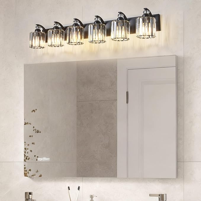 6-Light Black Bathroom Light Fixture Modern Vanity Lights Over Mirror Vintage Wall Sconce Lighting for Bathroom, Bedroom, Living Room, Hallway E26 Base with Crystal Bathroom Vanity Light