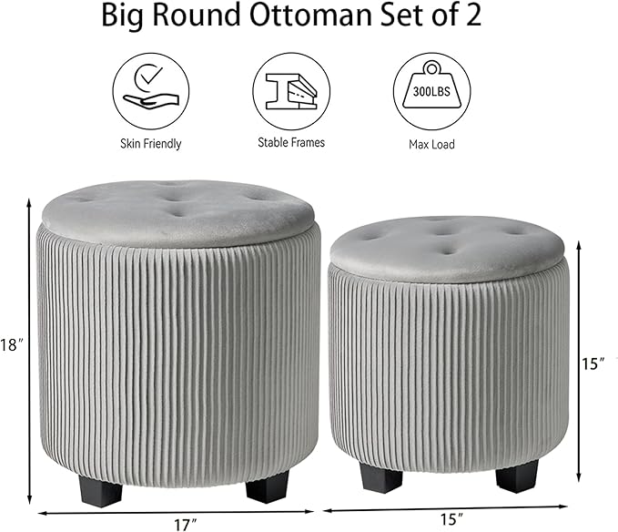 Big Round Ottoman with Storage Set of 2,Upholstered Velvet Vanity Stool for MakeupMultifunctional Foot Rest Coffee Table Padded Seat Tufted Ottomans for LivingRoom&Bedroom (Large Grey)