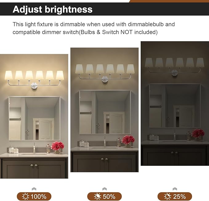 Kvhilw Bathroom Vanity Light, Brushed Nickel Bathroom Light Fixtures, 6-Light Lighting Fixtures Over Miror, Modern Wall Sconce with Flared White Fabric Shade, E26 Socket(ETL Listed)