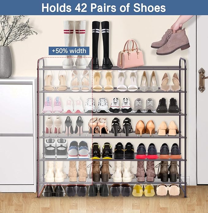 KEETDY Long 6 Tier Shoe Rack Organizer Tall Metal Shoe Organizer for Entryway Bedroom Floor Garage, Wide Shoe Shelf Storage Fits 42 Pairs Men Sneakers, Bronze
