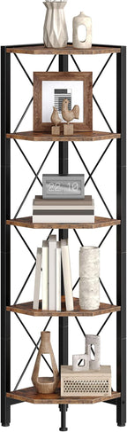 5-Tier Corner Shelf, Corner Bookcase, 55.2" Tall Vertical Display Rack, Plant Stand, Open Storage Shelf, for Living Room, Bedroom, Study, Kitchen, Rustic Brown and Black TCJ12BF