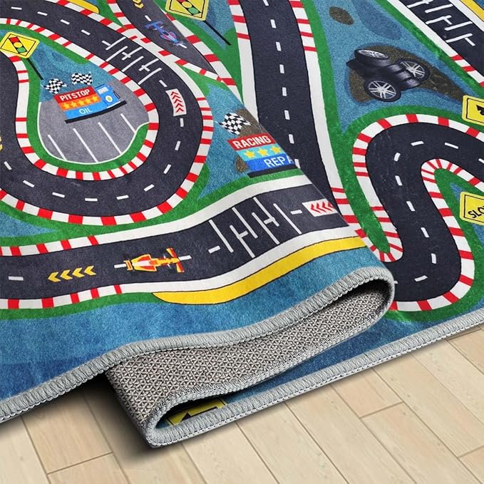 Kids Rug,Children's Room Rug,Road Race Play Rugs, Rail City Living Rugs, Washable Non-Slip Play Mats. (Blue, 47x71in)