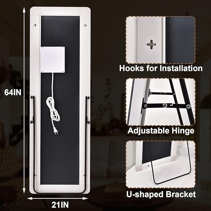 GLSLAND LED Full Length Mirror 64" x 21" Floor with Stand Wall Mounted Hanging Full Body Mirror with Lights Free Standing for Bedroom Living Room Bathroom, White