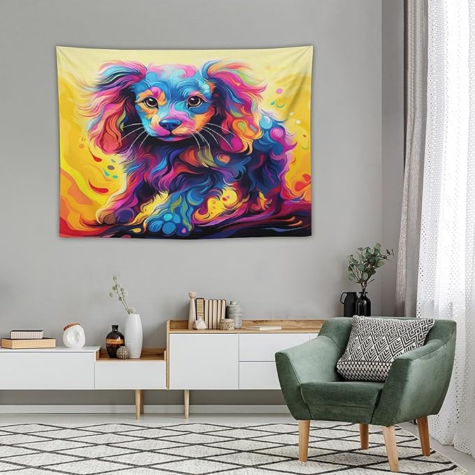 VUMIVI Colorful Cute Dog Tapestry Rainbow-Hued Oil Painting Pet-Themed Abstract Art Print Tapestry Wall Hanging for Living Room Bedroom Dorm Classroom Aesthetic Decor W40xL30in