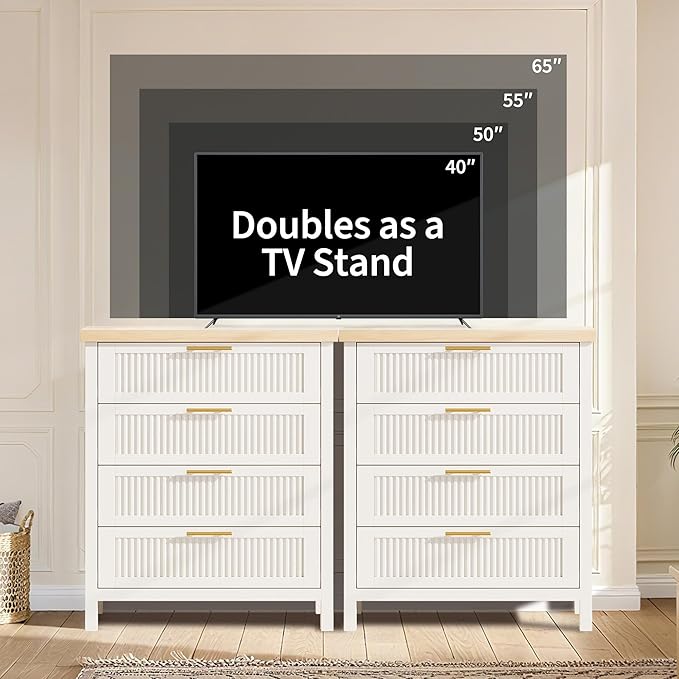 IDEALHOUSE Fluted 4 Drawers Dresser for Bedroom, 35.4" Tall Chest of Dressers for Closet, 4 Fluted Drawers with Metal Handle, Clothes Storage Cabinet for Bedroom, Nursery, Living Room, White