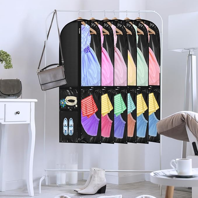Geelin 14 Pcs Garment Bags for Dance Costumes PVC Clear with Zippers 20 x 40 Inch Garment Bag with Pockets Dance Costume Organizer Carrier for Storage Cover for Adult(Black)