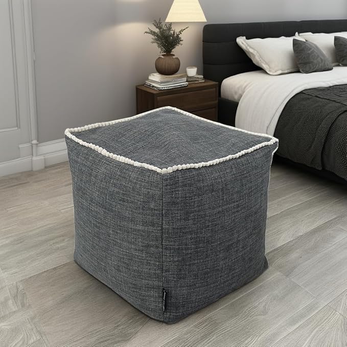 Louis Donné Geometric Unstuffed Pouf Cover Cotton Poufs with White Piping Contact Stiching Footstool Rest Soft Handwoven 17x17in Bean Bag Chair for Room Seating Home Decor ONLY Cover(Dark Grey)