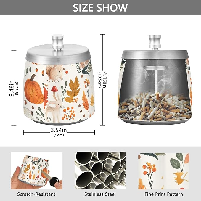 Mushrooms Fox Autumn Pumpkin Ashtray with Lid, Outdoor Ashtrays for Patio, Stainless Steel Ashtray Odorless Smokeless for Home Office Balcony