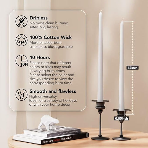 12-Inch Tall Dripless Taper Candles Set of 4 - White Tapered Candles, Perfect for Wedding,Dinner - Smokeless, Unscented, Long Burning - Hand Poured, Colored Tall Candlesticks - Blancas