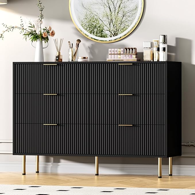GarveeHome 6 Drawers Dresser for Bedroom, Fluted Dresser Chest of Drawers with Handle, Wood Modern Dressers for Closet, Bedroom Furniture Storage Organizer for Living Room, Hallway