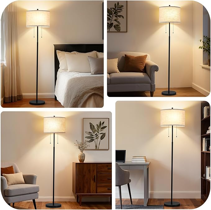 Luvkczc Floor Lamp, 60" Standing Lamp Tall Lamp with Fabric Lampshade&Pull Chain Corner Floor Lamps for Living Room, Bedroom,Office Corner (Black 2 Bulb Socket)