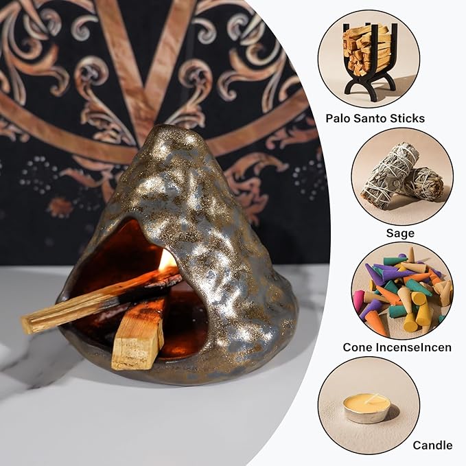 Black Gold Palo Santo Incense Burner-Unique Zongzi-Shaped Clay Smudge Bowl for Sage,Copal, and Stick Incense-Mini Chiminea for Zen Meditation,Yoga,Altar,Aromatherapy & Energy Cleansing Decor