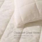 Greek Velvet King Quilt Set, Ultra-Soft Luxe Sheen, 100% Cotton Backing, 150GSM Down-Alternative Fill, Expanded 108×98" Coverage for Fuller Side Drape (1 Quilt + 2 Pillow Shams), Whisper White