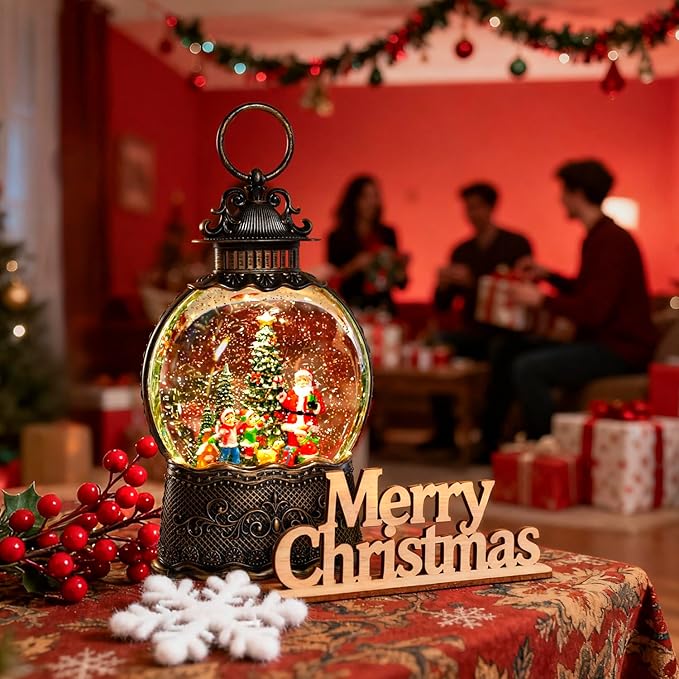 Christmas Snow Globe Lantern,Christmas Lantern with 8 Christmas Theme Music,Christma Snow Globe Gifts Water Glittering Swirling Christma Home Decoration