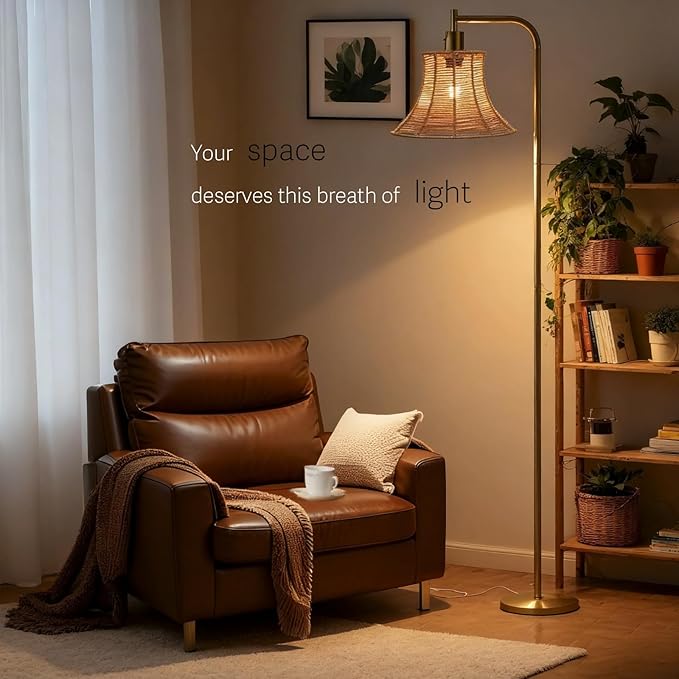 67" Modern Vintage Floor Lamp with Rope-Braided Lampshade - Ideal for Living Room, Bedroom & Office - Heavy Base, Pedal Switch, Stable & Convenient Lighting Solution(Include E26 Bulb)