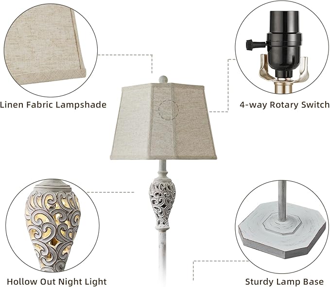 65'' Rustic Floor Lamp for Living Room with 2 Light Sources, Hollow Out Nightlight Resin Farmhouse Tall Standing Lamp for Bedroom Office Corner, Bulb Included (Wash White)
