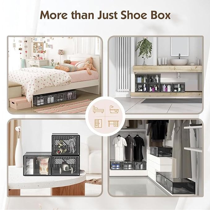 12 Packs Clear Plastic Shoebox With Magnetic Door, X-Large(15"× 13.2" × 5.6") Stackable Shoe Box Storage With Lids, Multifunctional Sneaker Containers, Toy Storage, Space-Saving Shoe Rack Black