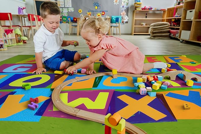 Booooom Jackson Classroom Rug Elementary 6’7'’ x 9', ABC Classroom Carpet Green Preshool Rugs for School, Classroom Area Rug Educational Carpet with Alphabet Non-Slip Backing,