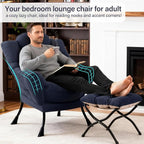 Lazy Chair with Ottoman, Modern Accent Chair with Lumbar Pillow, Navy Blue Sofa, Lounge Chairs with Folding Footrest, Oversized Supportive Chairs for Bedroom, Reading