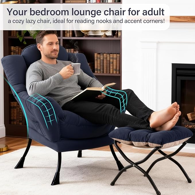 Lazy Chair with Ottoman, Modern Accent Chair with Lumbar Pillow, Navy Blue Sofa, Lounge Chairs with Folding Footrest, Oversized Supportive Chairs for Bedroom, Reading