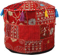 Aakriti Gallery Indian Pouf Footstool Ethnic Embroidered Pouf Cover - Round Ottoman Pouffe - Red, 18x13