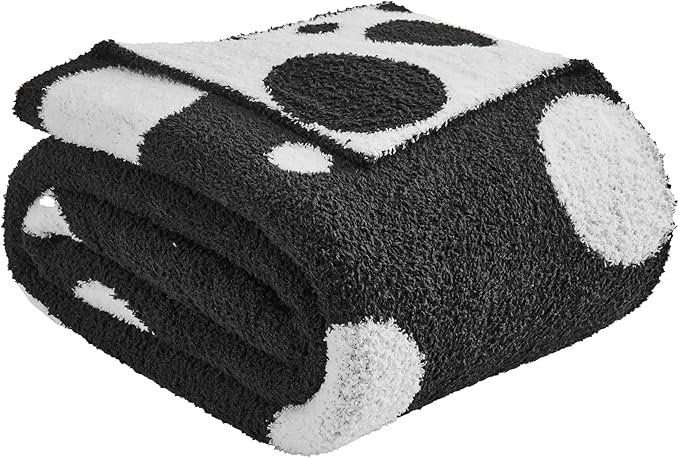 CozeCube Super Soft Fullfy Microfiber Reversible Knitted Blankets, Warm Cozy Fuzzy Plush Throw, Black and White Polka Dot Throw Blanket for Couch Bed Sofa, 50" x 60"