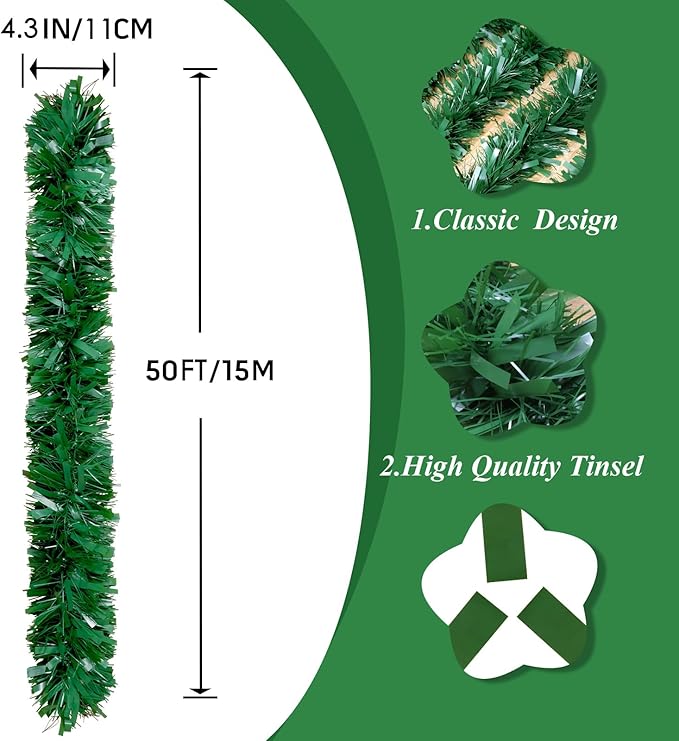 50Ft Green Christmas Garland Decorations,Xams Greenery Tinsel Stems Non-Lit Soft Twist Garland Decor for Tree Stairs Railing Front Door Mantle Fireplace Indoor Outdoor Holiday Home