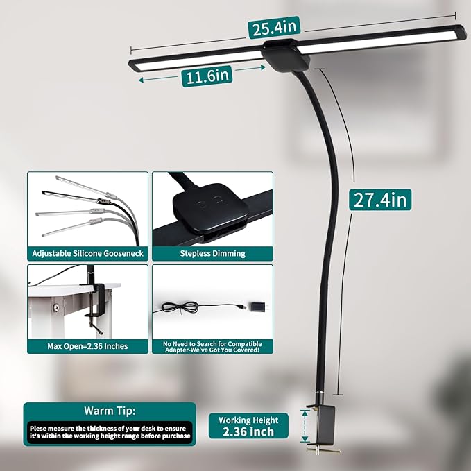 LED Desk Lamp with Two Heads, Clamp On Desk Lamps, 12W, 2000 LMS, CRI>90, 5 Color Modes (2700K-6500K), Various Brightness Levels, Adapter Included