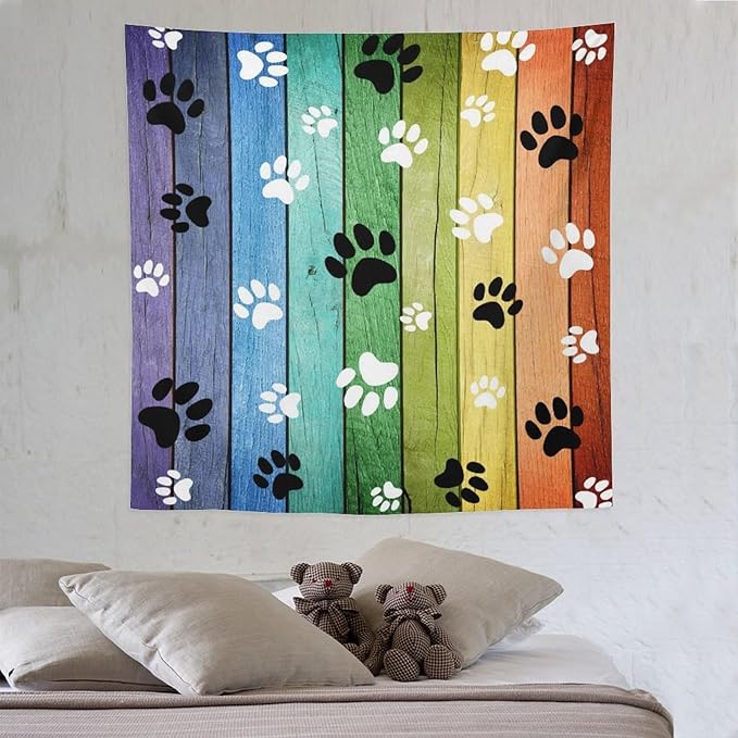 VUMIVI Dog Paw Tapestry Vintage Rustic Colorful Barn Boards Black White Animal Footprints Tapestry Wall Hanging for Living Room Bedroom Dorm Classroom Aesthetic Decor W60xL60in