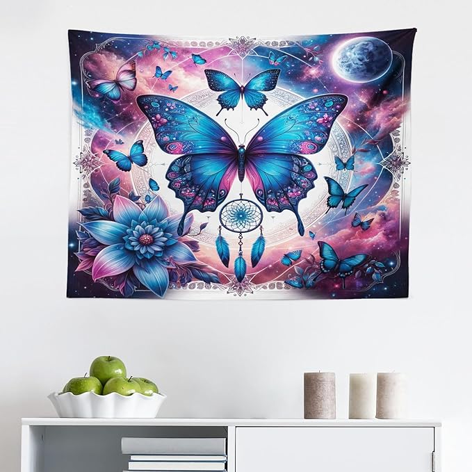 Ambesonne Boho Tapestry, Astral Dream in Outer Space with Fantasy Butterfly Dreamcatcher Moon, Fabric Wall Hanging Decor for Bedroom Living Room Dorm, 28" X 23", Pale Pink Sky Blue Indigo