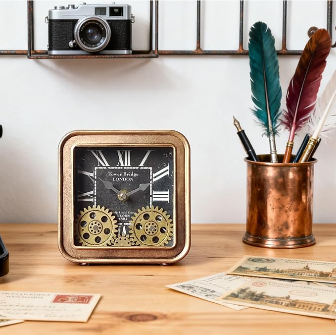 Vintage Steampunk Desk Clock, 6 Inch Metal Industrial Table Clock with Moving Gears, Silent Non-Ticking Quartz, Battery Operated Shelf Decor for Home Office Living Room (Gold)