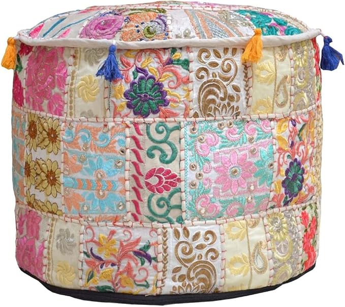 Aakriti Gallery Indian Pouf Footstool Ethnic Embroidered Pouf Cover - Cotton Round Pouffe Ottoman - Beige, 22x14