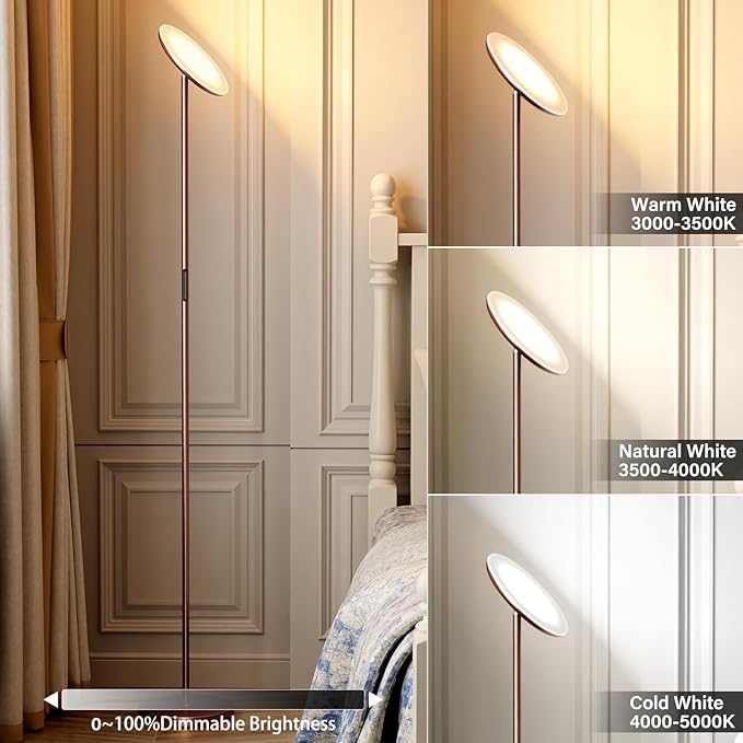 Modern LED Floor Lamp - Remote & Touch Control, Sky Torchiere Standing Lamp, Fully Dimmable, 3 Color Temperatures, Ideal for Living Room & Bedroom, Easy to Assemble(Brown)