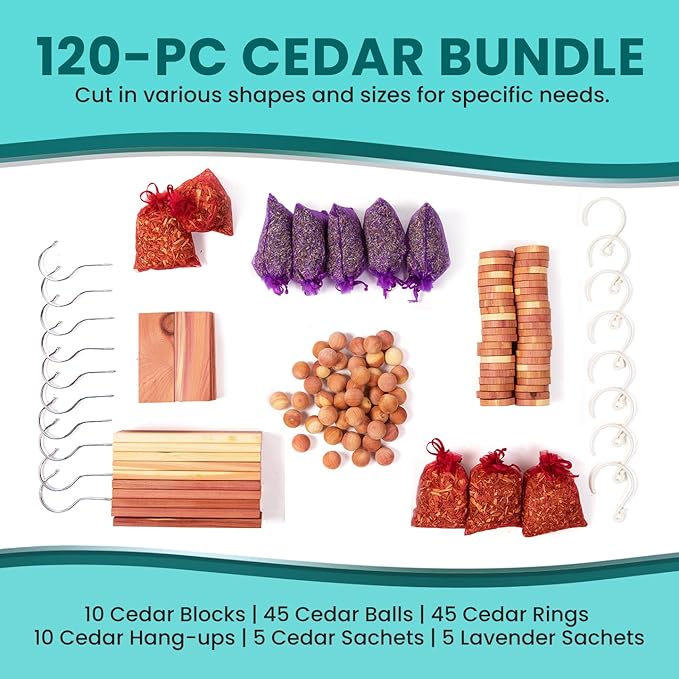 120 Variety Pack - Lavender and Cedar for Closets - Alternative for Clothes Storage - Closet Protection Scent Bags - Natural Freshner Hanger Rings - Scented Air Freshener for Closets