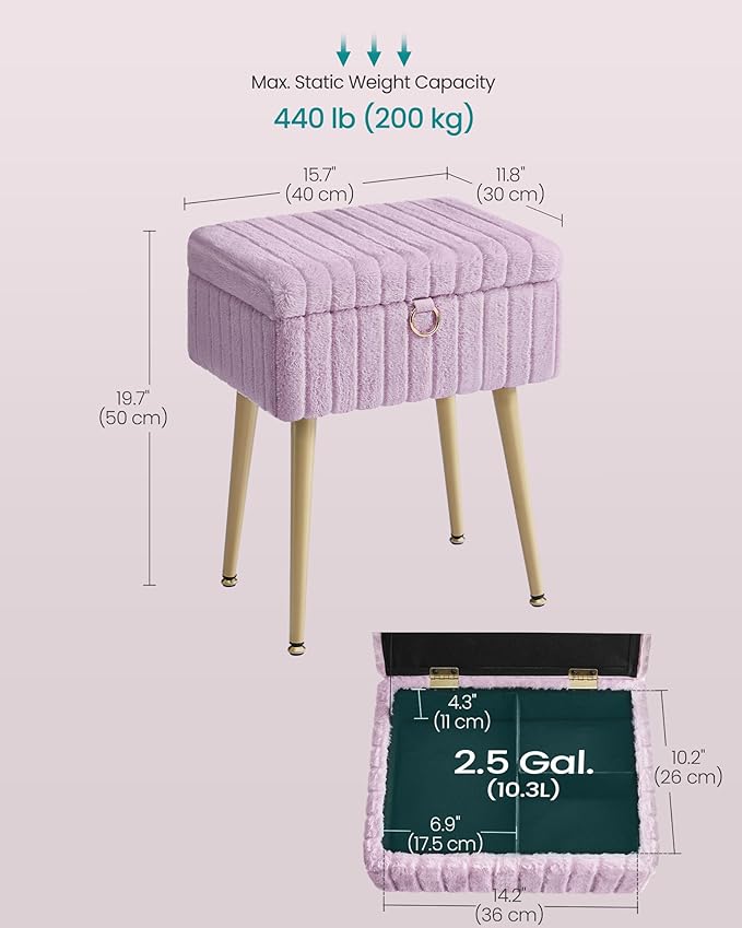 SONGMICS Vanity Stool Chair with Storage, Makeup Stool, Footrest Footstool Ottoman, Metal Legs, Adjustable Feet, for Living Room, Bedroom, Makeup Room, Light Lilac ULOM505PZ02