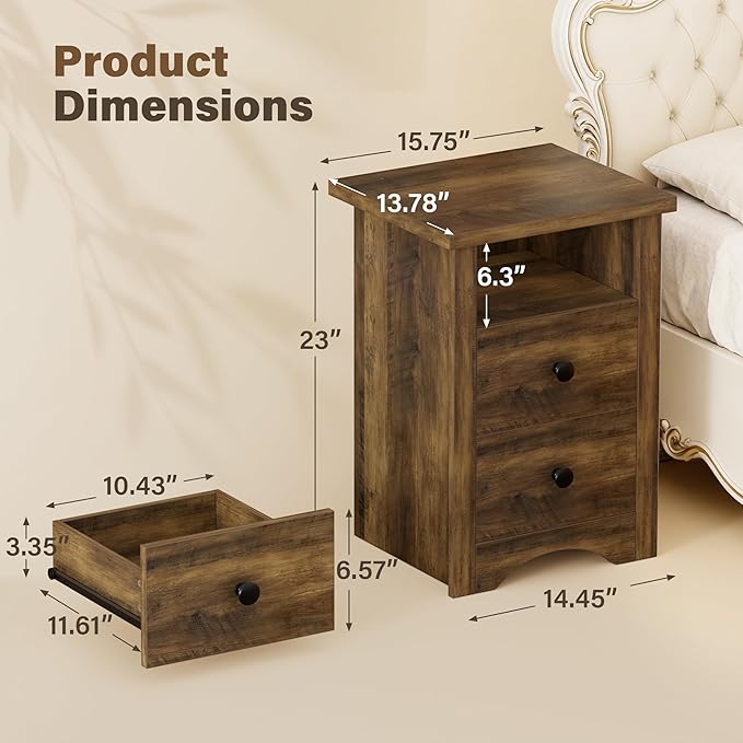 JUMMICO Farmhouse Nightstands, End Table with 2 Storage Drawers and Open Shelf, Rustic Bedside Table for Bedroom, Living Room(2, Warm Amber)