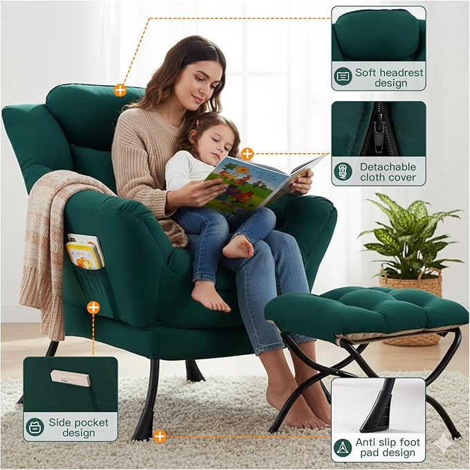 Lazy Chair with Ottoman, Large Lounge Accent Chair with Ottoman and a Throw Pillow, Dark Green Reading Chair for Living Room Bedroom Dorm Room Office Apartment Relaxing Use