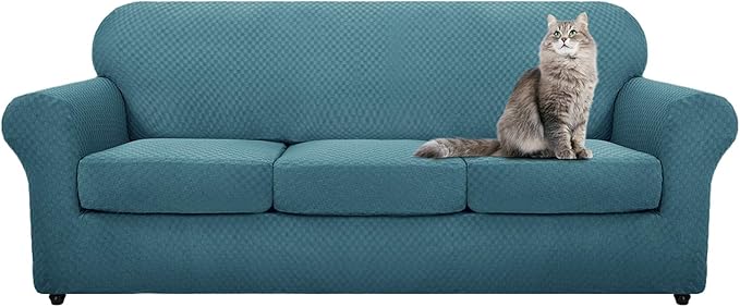 YEMYHOM Latest Checkered 4 Pieces Couch Covers for 3 Cushion Couch Extra Large High Stretch Thickened Sofa Cover for Dogs Anti Slip Furniture Protector Sofa Slipcovers (Teal), 91"-110"(3 Cushions)