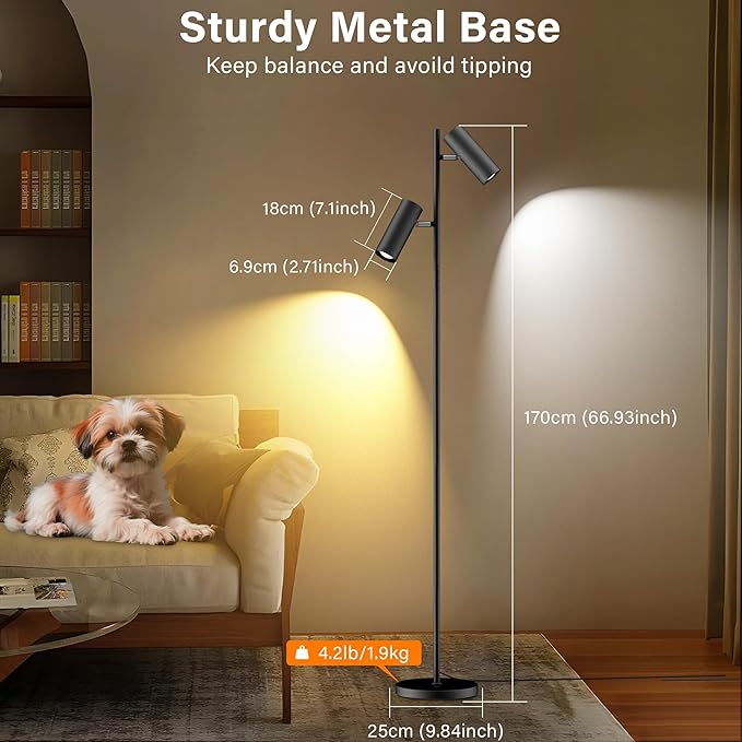 Spotlight Floor Lamp, Tall LED Standing Lamp with Remote/Touch Control, 2700K-6500K, 350°Rotating Head Standing Lamp, Reading Floor Lamp for Living Room, Bedroom, Office & Wall Art, Dual Head