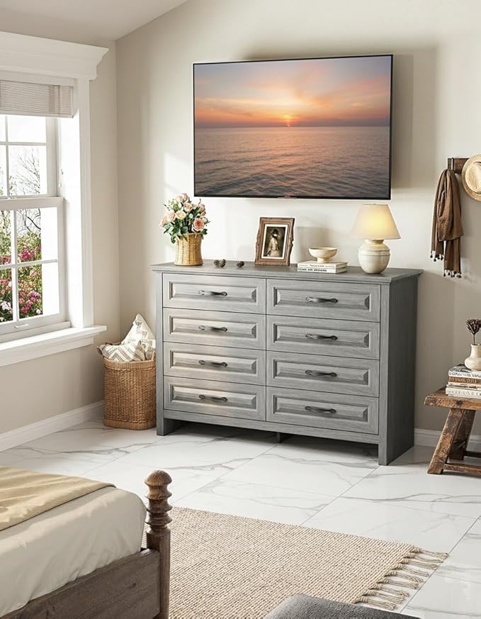 Marsail Farmhouse 8 Drawer Dresser, Wood Chest of Drawers with Natural Texture, Smooth Gliding Drawers, Versatile Storage Organizer Cabinet for Bedroom & Living Room, Grey