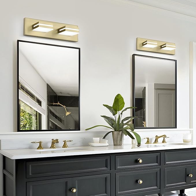 OKELI 2 Lights Bathroom Vanity Light Fixtures Gold LED Dimmable Vanity Light Over Mirror Modern Wall Mounted Lighting Fixture, 350° Rotatable Lamp Head 24W Cold White 6000K ETL Listed