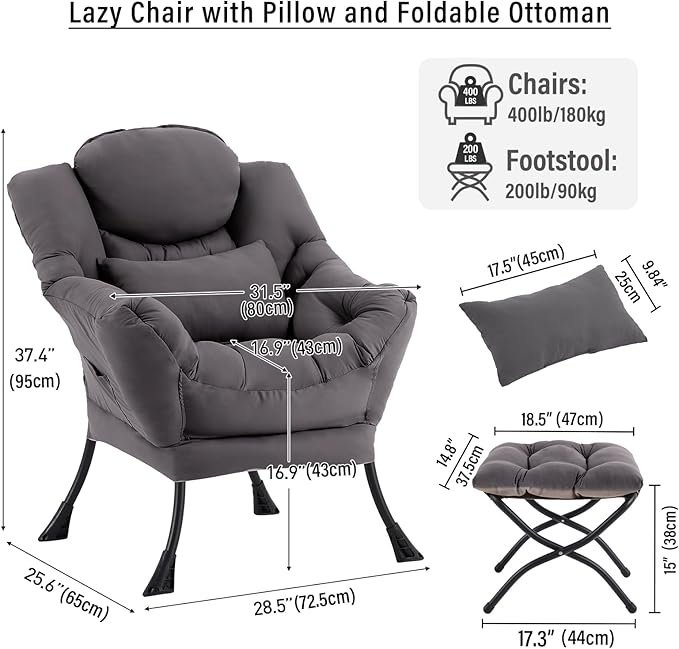 Lazy Chair with Ottoman, Modern Accent Chair with Lumbar Pillow, Dark Grey Sofa, Lounge Chairs with Folding Footrest, Oversized Supportive Chairs for Bedroom, Reading
