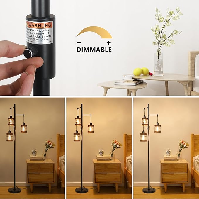 Airposta Dimmable Floor Lamps for Living Room, 3-Light Industrial Floor Lamp with Wood & Metal Cage, Farmhouse Standing Lamp Tall Tree Lamp for Bedroom Office, Rustic Black Tall Floor Lamp for Corner