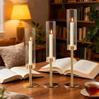 Rose Gold Taper Candle Holder Set, 3pcs Glass Hurricane Tall Candlestick Holders, Vintage Candelabra, Premium Gift Set for Home Decor Aesthetic, Birthday Parties, Weddings & Christmas Decorations