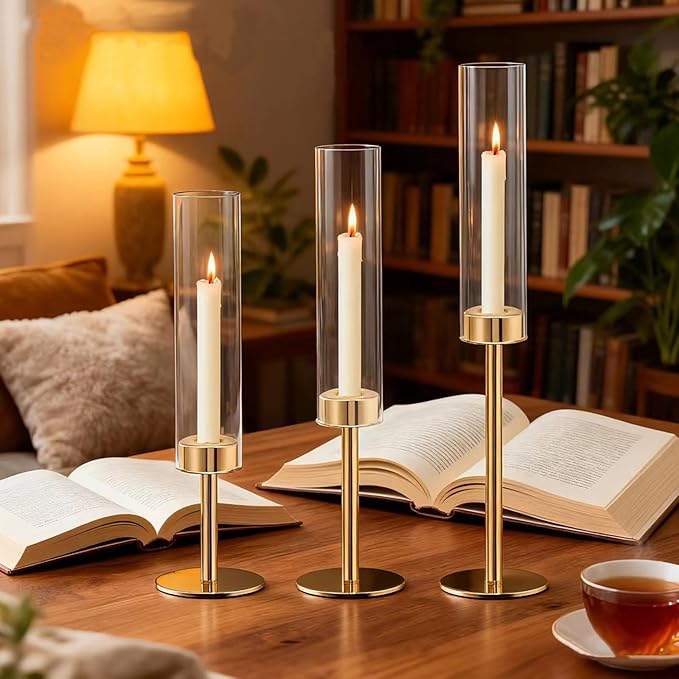 Rose Gold Taper Candle Holder Set, 3pcs Glass Hurricane Tall Candlestick Holders, Vintage Candelabra, Premium Gift Set for Home Decor Aesthetic, Birthday Parties, Weddings & Christmas Decorations