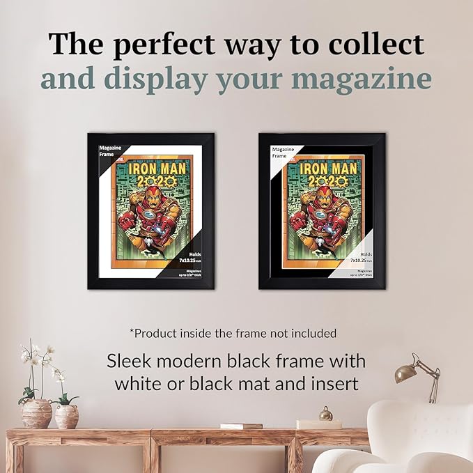 Creative Picture Frames 7 x 10.25 Magazine Comic Book Frame with Full-Strength Glass, Holds Up To A 1/4" Thick Media with Installed Hangers for Easy Mounting, 8x12 Black Frame with White Mat